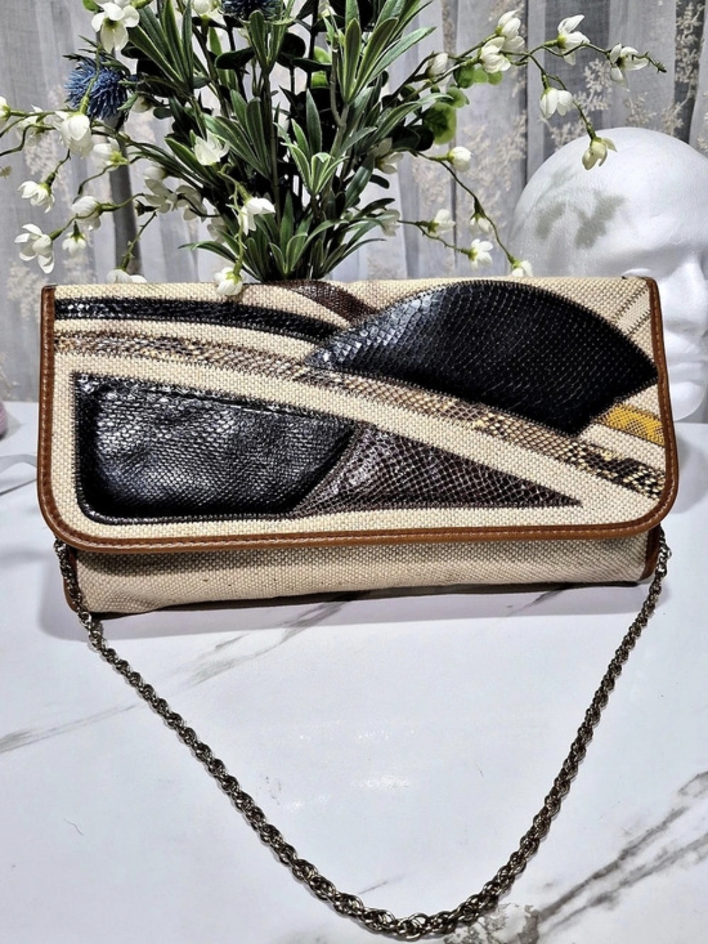 Vintage 1980 MARGOLIN Geometric Snakeskin Patchwork Clutch / Shoulder Bag